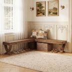 L Shaped Solid Wood Corner Bench, 55-Inch Farmhouse Table Bench with X-Shaped Leg, Backless Entryway Shoe Bench, for Dining Room, Hallway, Rustic Brown