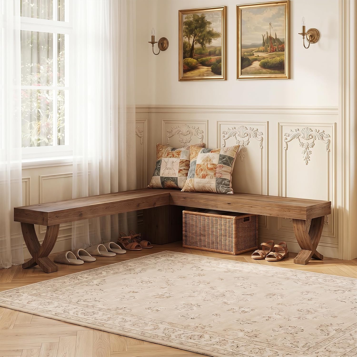 L Shaped Solid Wood Corner Bench, 55-Inch Farmhouse Table Bench with X-Shaped Leg, Backless Entryway Shoe Bench, for Dining Room, Hallway, Rustic Brown