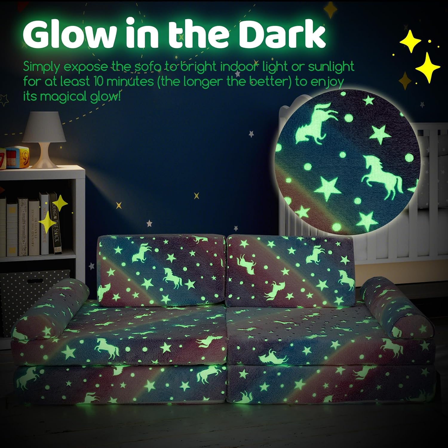 Costzon 8 Pcs Modular Kids Play Couch, Glow in the Dark Toddler Sectional Sofa with Handles, Convertible Sofa Foam Couch for Building Fort, Playroom & Kids Room Furniture (8-pcs,Multicolor)