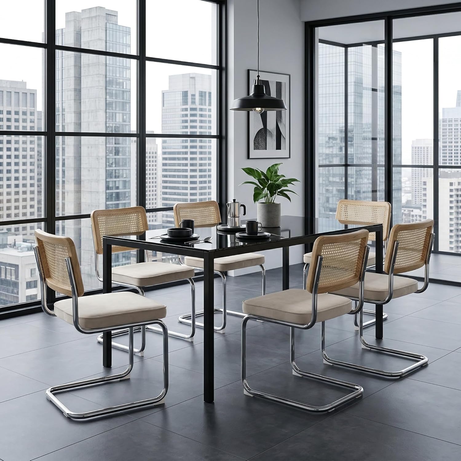 Rattan Dining Chairs Set of 4, Mid-Century Modern Dining Room Chairs with Cane Back, Velvet Upholstered Seat & Chrome Cantilever Frame, Sillas de Comedor, Kitchen & Dining Room Chairs (Beige)