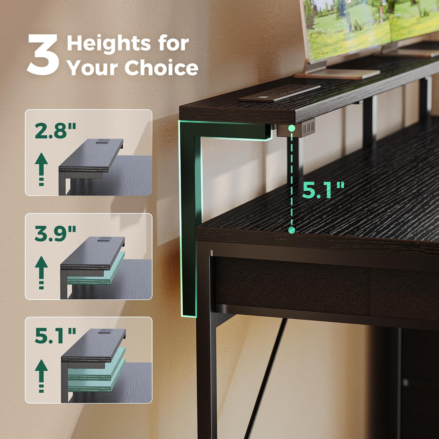 Huuger Gaming Desk with 6 Drawers, Computer Desk with LED Lights Power Outlets and Type-C, 47 Inch Office Desk with Storage, Monitor Stand, Writing Desk Work Desk Home Office, Bedroom, Study, Black