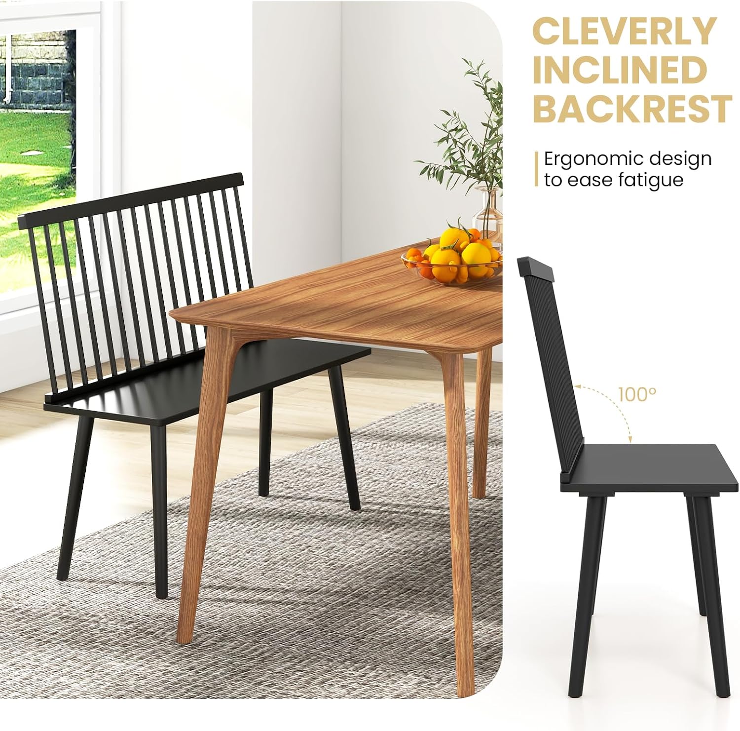 Giantex Dining Bench with Back, Black Windsor Bench with Spindle Back & Anti-Slip Foot Pads, Farmhouse Rubber Wood Dining Bench, Indoor Wooden Entryway Bench for Living Room, Dining Room, Hallway