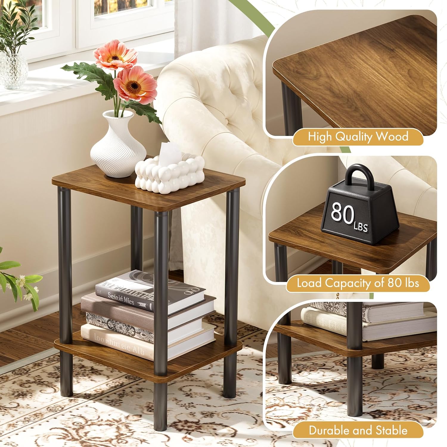 Open Shelves Side Table with Storage, 2-Tier Living Room End Tables, Night Table, 1-Min Installation Without Tools, Nightstand for Bedroom, Rustic Brown and Black