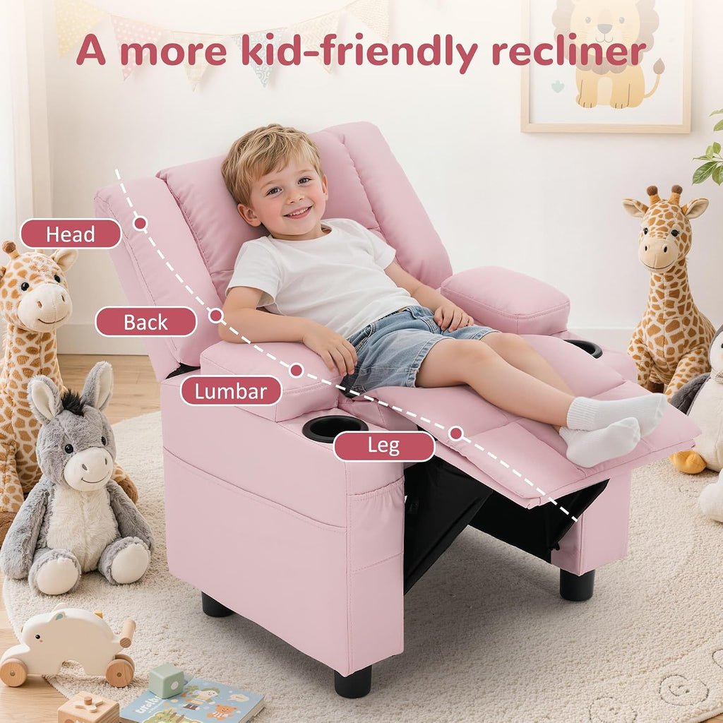 Korser Kids Recliner Chair, Toddler Recliners with Adjustable Push Back Design, Kids Recliner Sofa with Cup Holder, Footrest & Side Pockets for Boys Girls Room. (Pink, 110 lbs Capacity)