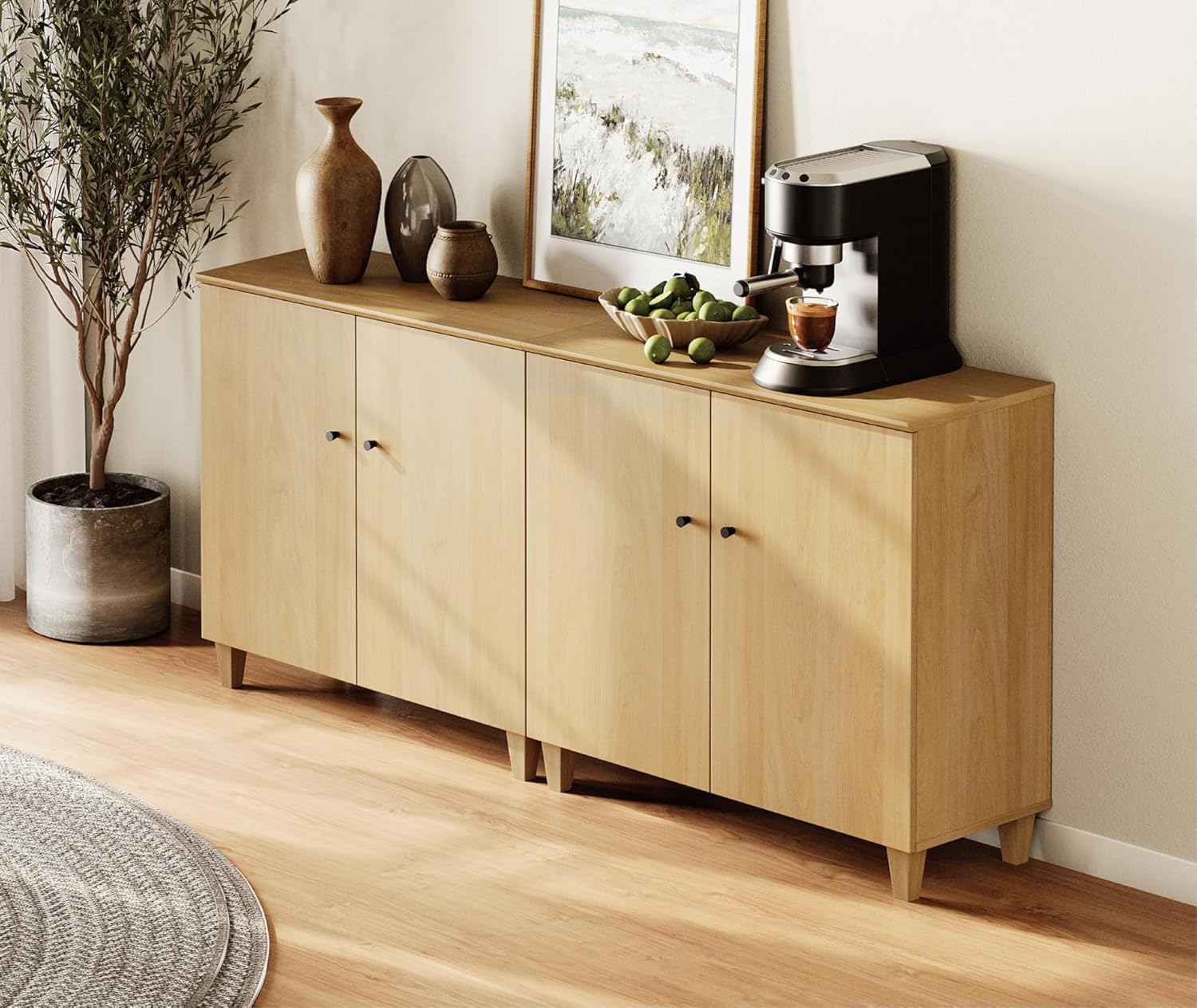 WAMPAT 71" Wide Wood Sideboard Buffet Table with 4 Doors – Large Oak Credenza Storage Cabinet for Dining Room, 2-in-1 Modern Coffee Bar with 6 Compartments for Living Room & Hallway