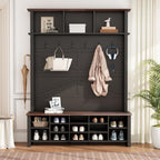 Merax Wood Rustic Hall Tree Entryway Bench with 6 Hooks and Adjustable Shelves, Farmhouse Mudroom Versatile Coat Racks with 16 Open Compartments, Entrance Organizer for Hallway Black