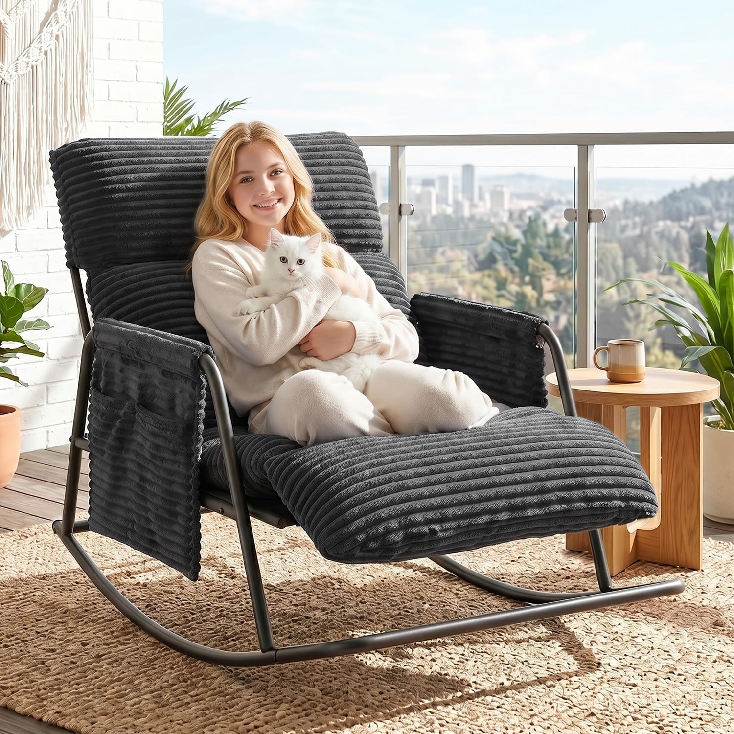 Oversized Outdoor Rocking Chair with Corduroy Cushions, 3-Level Adjustable Metal Patio Rocker with Footrest, Comfy Modern Lounge Chair for Porch, Balcony, Indoor (Gray)