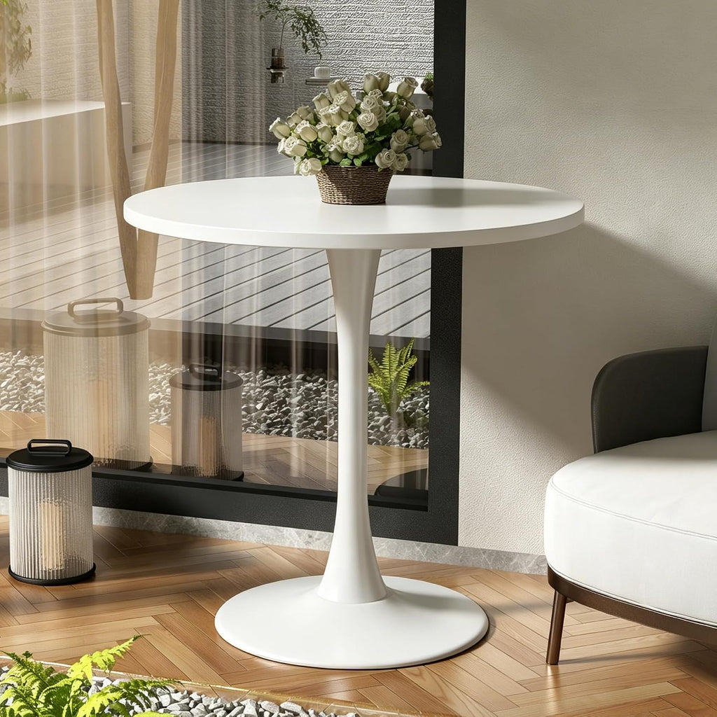 Round Dining Table 30" Circle Tulip Table with Wood Thickened Tabletop & Sturdy Metal Pedestal Mid Century Modern Leisure Bistro Kitchen Tables 4 People Small Places Living Room Cafe,White