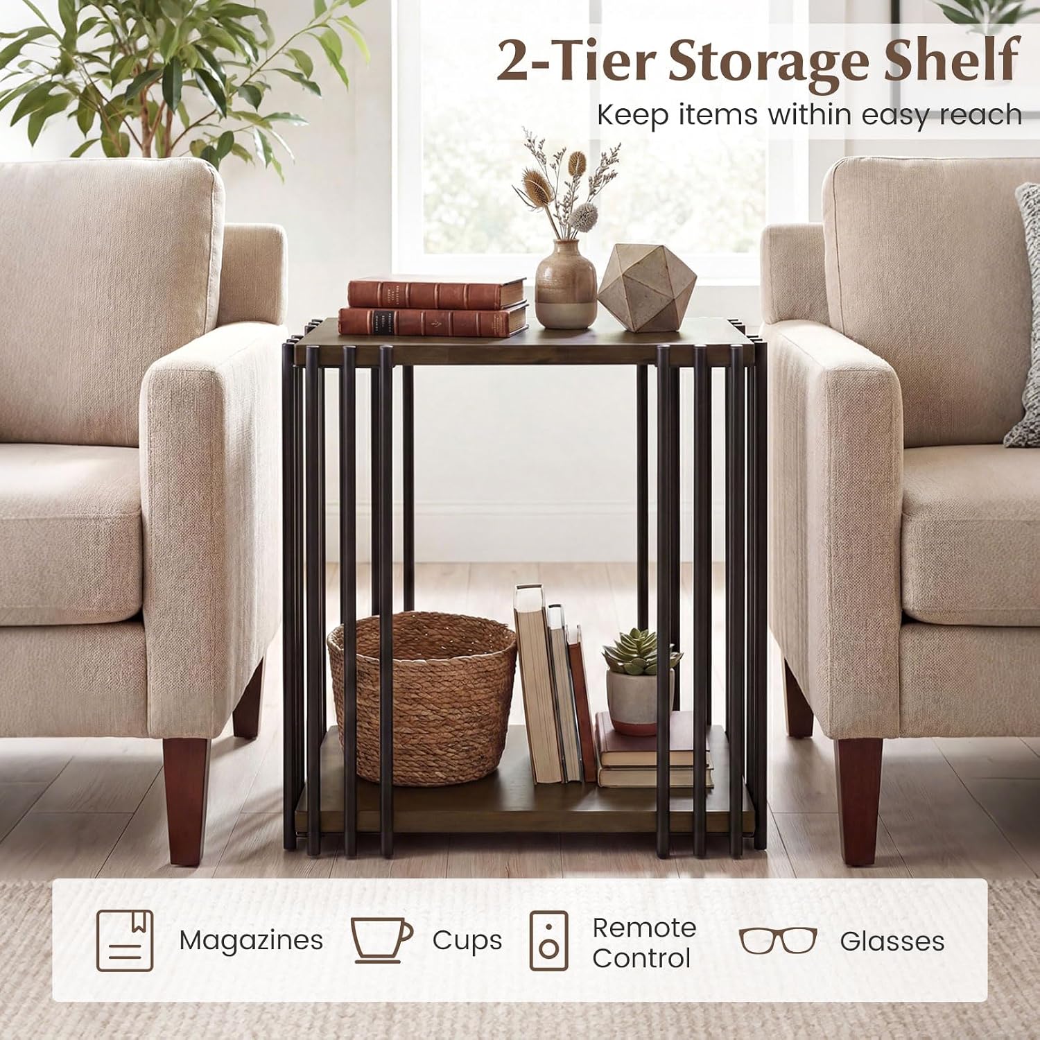 Giantex 2-Tier Wood Side Table - Narrow Sofa Couch End Table with Open Storage Shelves & Unique Metal Frame, Rustic Night Stand for Bedroom Living Room (1)