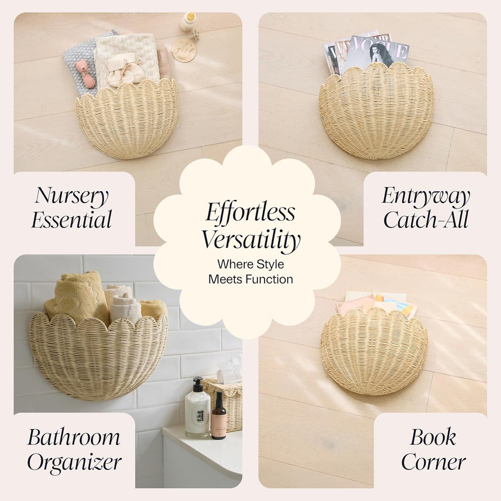 BEBE BASK The Original Scalloped Wicker Wall Basket – Set of 2 – Handwoven Scalloped Wall Baskets (16 x 10 x 7 in), Woven Rattan Wall Hanging Baskets - Natural Scalloped Basket