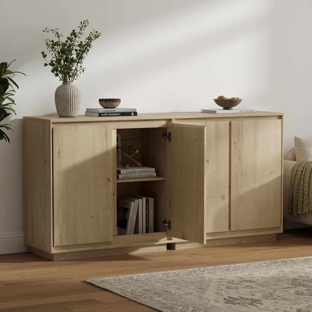 3pcs Sideboard Cabinet Buffet Cabinet with Storage with Adjustable Shelves and Handle-Free Design Suitable for Kitchens,Hallway,and Living Rooms Light Oak
