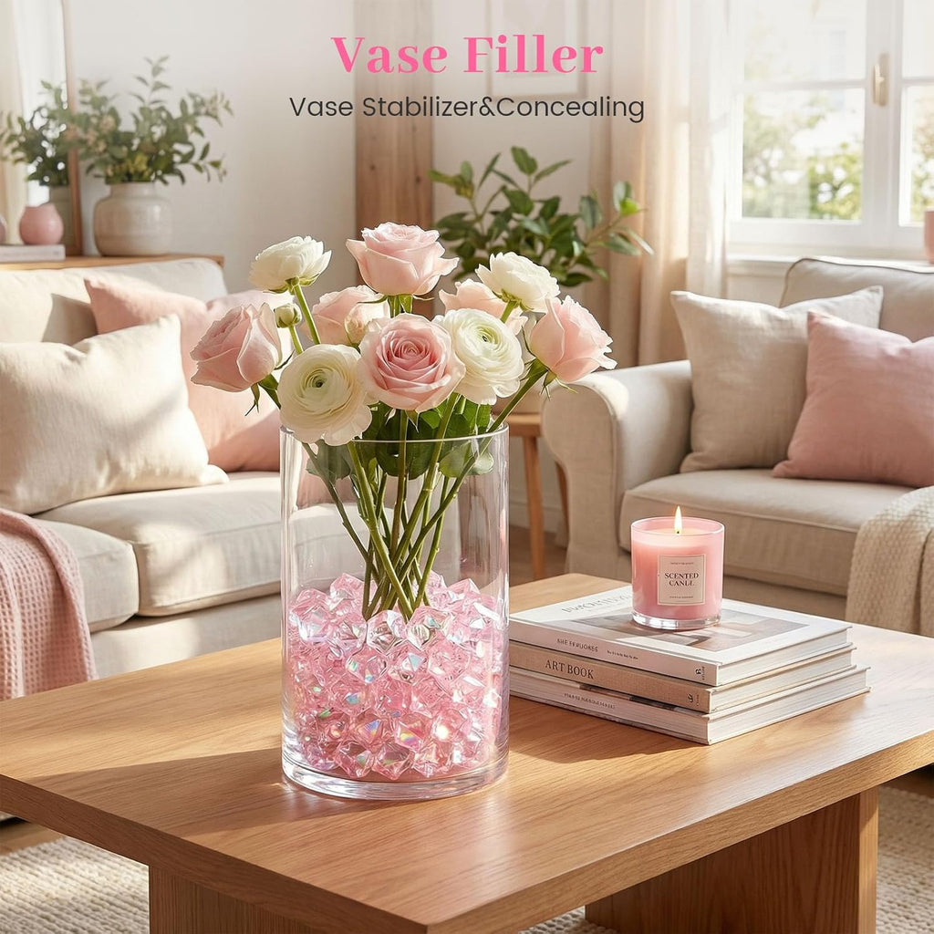 DomeStar Dazzling Pink Ice Rocks, 180PCS Holographic Acrylic Crushed Ice Sparkling Fake Diamonds Holographic Plastic Gems for Vases Fillers Table Scatter Decoration