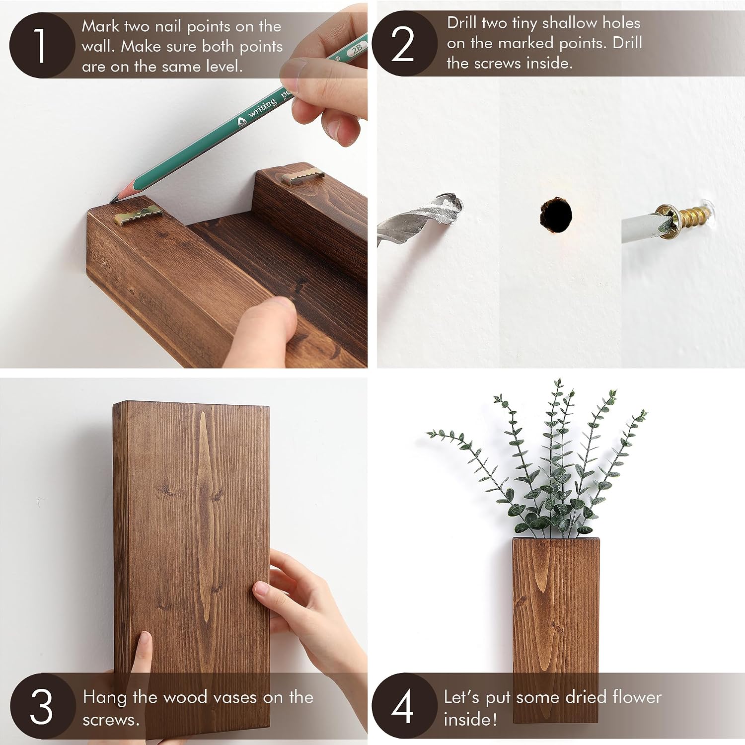 Wood Wall Planter Set of 2, Wood Wall Pocket for Greenery and Dried Flowers, Indoor Wood Hanging Vase, Modern Farmhouse Wall Decor for Living Room Bedroom Office Eucalyptus Stems Decorations (Grey)