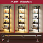 5-Tier Ladder Shelf with LED Light, Wall Mounted Bookshelf with Metal Frame, Rustic Brown — for Living Room, Bedroom or Office
