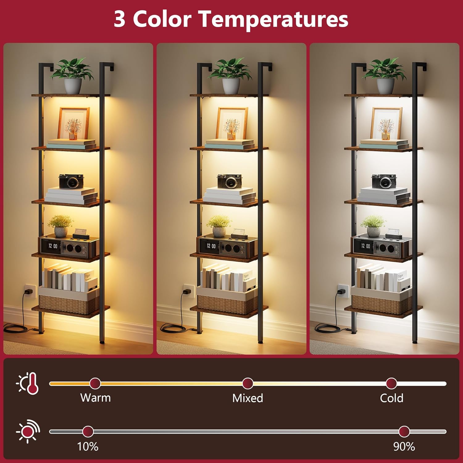 5-Tier Ladder Shelf with LED Light, Wall Mounted Bookshelf with Metal Frame, Rustic Brown — for Living Room, Bedroom or Office