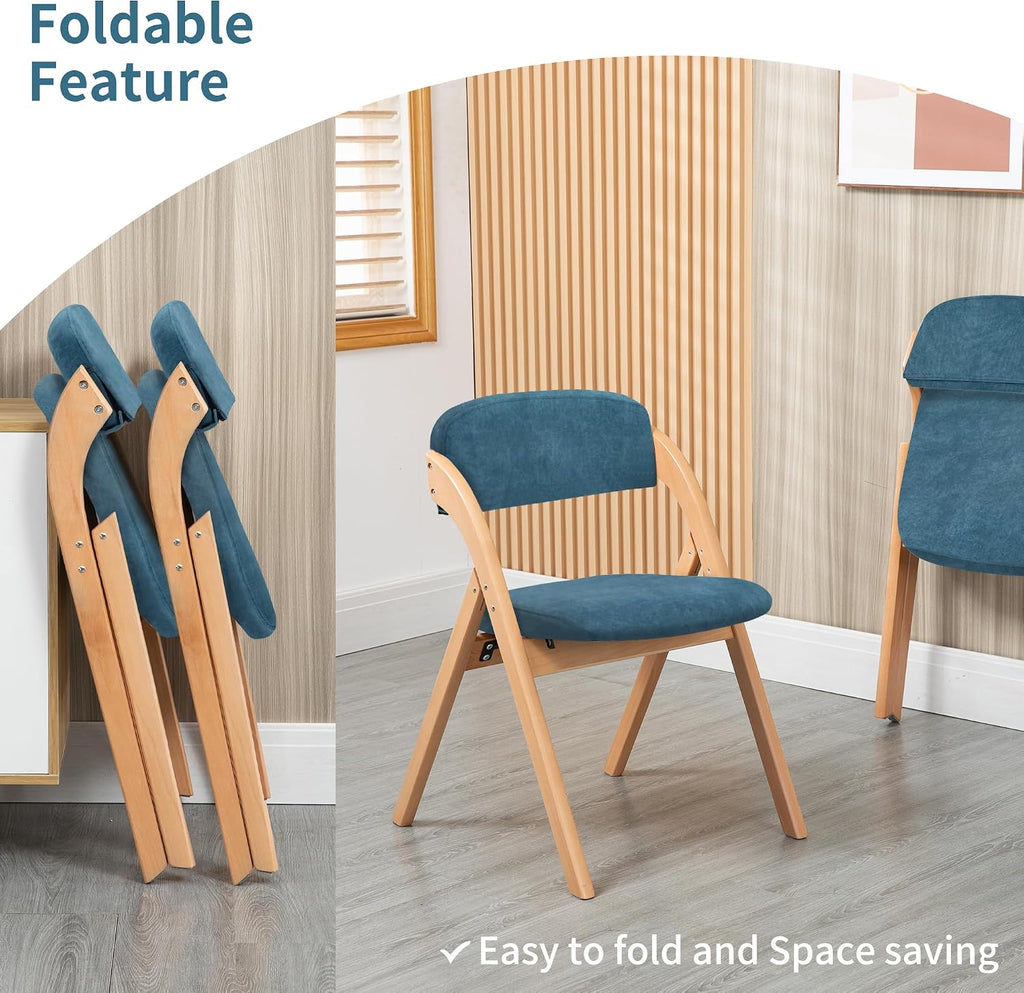 HOMEFUN Folding Chairs with Cushion Padded Foldable Chiars 4 Pack - Wooden Dining Seat with Removable Cover Extra for Guests Kitchen Office Wedding Party Picnic, Smog Blue