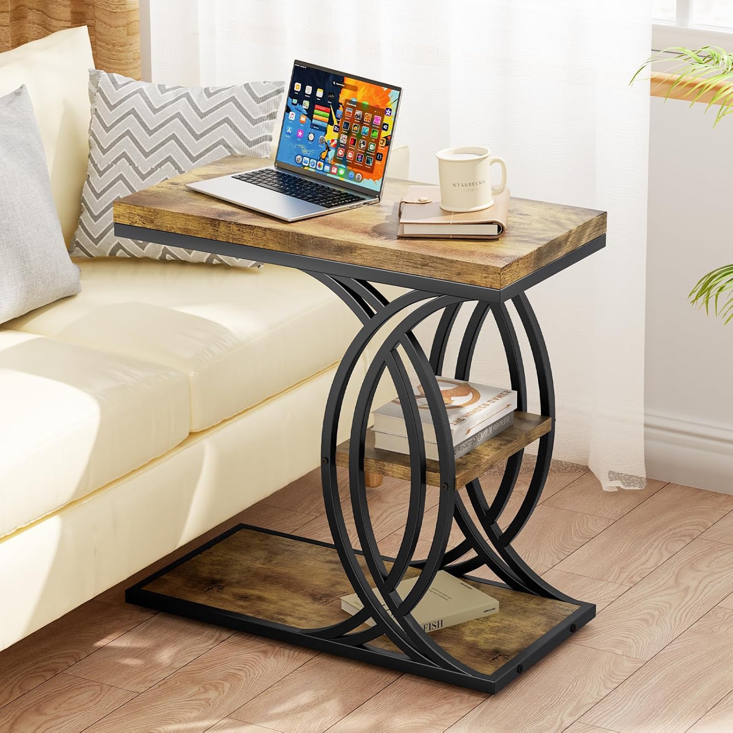 C Shaped End Table, Bed Side Table, 3-Tier Side Table with Metal Frame, Wood End Table with Storage for Living Room, Couch, Sofa, Bedroom, Easy Assembly, 23.6" D*11.8" W*23.6" H, Rustic Brown