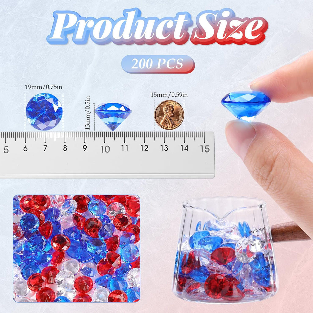 200 Pcs Fake Diamonds Blue Red Clear 3/4 Inch Acrylic Gems Independence Day 4th of July Patriotic Decor Aquarium Fish Tank DIY Craft Vase Fillers for Table Centerpieces Memorial Day Decor