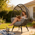Indoor Outdoor Egg Chair, Wicker Design, 400lbs Capacity, 8-Inch Cushion Ergonomic Balcony Chairs(Black+Gray)