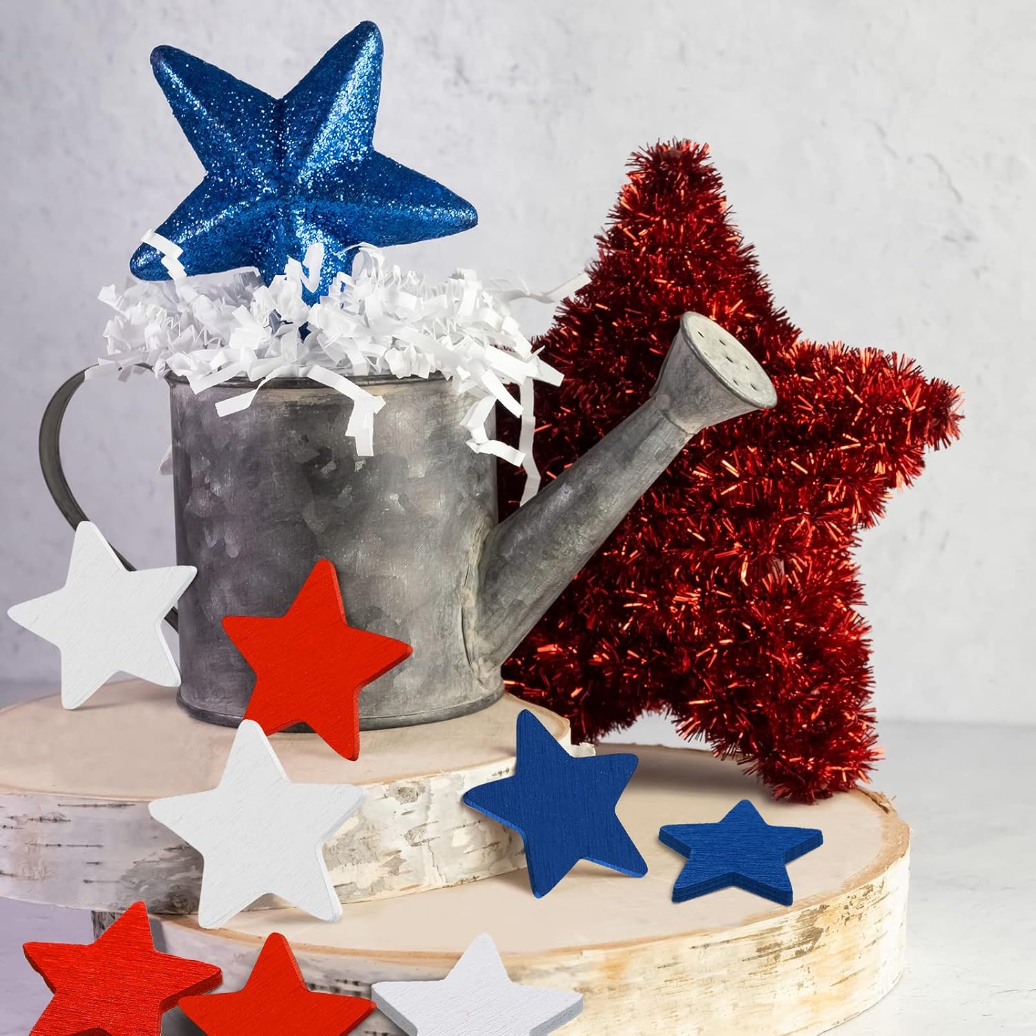 Bucherry 45 Pcs 4th of July Wooden Stars Decorations Patriotic Red White Blue Star 250 Anniversary Ornaments Crafts Cutouts Vase Bowl Filler Tiered Tray Decor for Independence Memorial Day