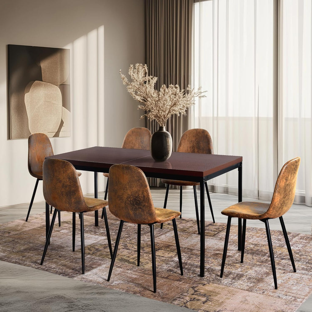 Homy Casa 6-Piece Suede Upholstered Dining Chairs Set of 6 – Armless Side Chairs with Padded Seat & Back, Metal Legs, Brown Accent Dining Room/Kitchen Seating