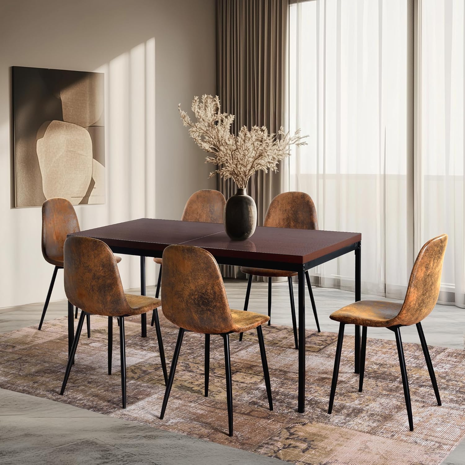 Homy Casa 6-Piece Suede Upholstered Dining Chairs Set of 6 – Armless Side Chairs with Padded Seat & Back, Metal Legs, Brown Accent Dining Room/Kitchen Seating