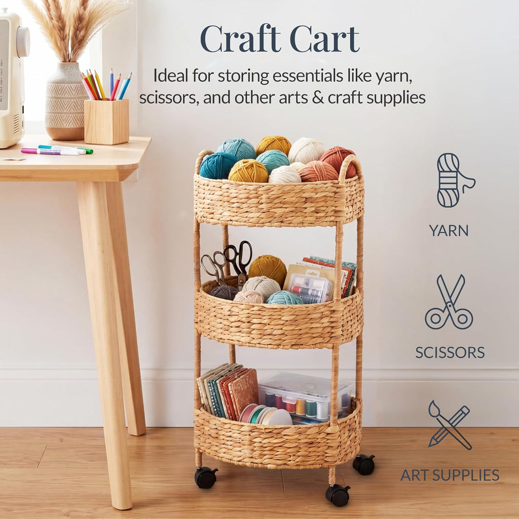 Best Choice Products 3-Tier Round Rolling Nursery Caddy w/Wheels, Handwoven Utility Cart, Storage Organization for Bathroom, Craft Room, Laundry Room - Natural