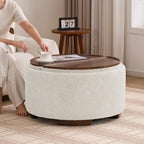 29.5 Inch Round Storage Ottoman Coffee Table, Modern Teddy Ottoman with Storage with Dual Reversible Lids and Solid Wood Legs, Upholstered Circle Coffee Table for Living Room, Bedroom, Beige