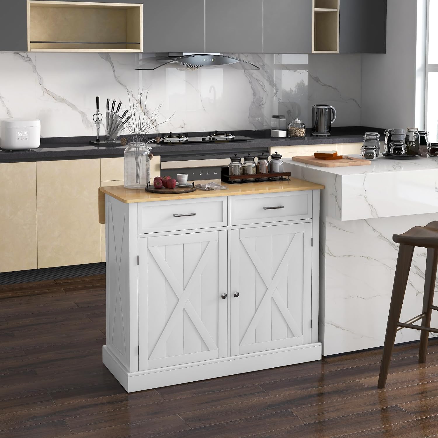 HOMCOM Rolling Kitchen Island with Drop Leaf Wood Breakfast Bar, Farmhouse Kitchen Cart with 2 Drawers, Adjustable Shelves for Dining Room, White