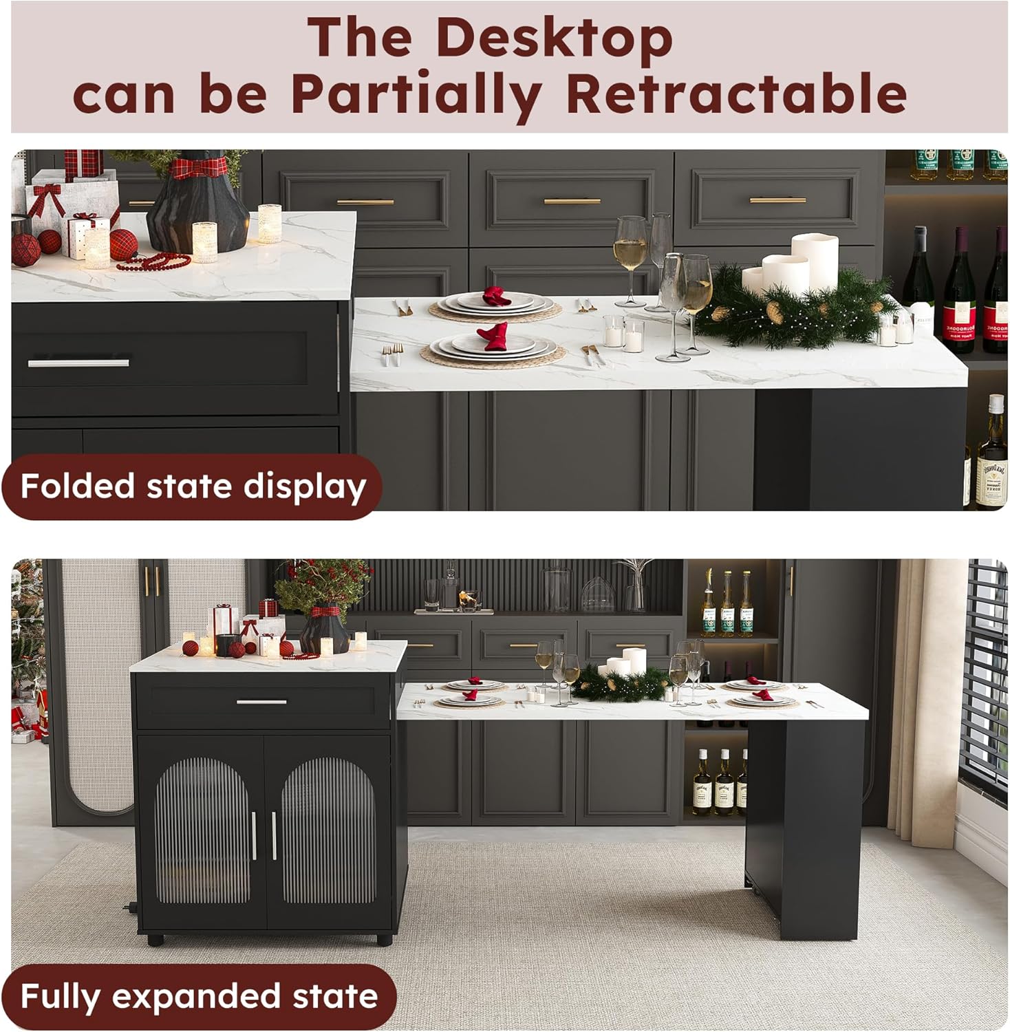 80-inch Expandable Kitchen Island with Dining Table, Marble-Grain Countertop with Power Outlet, Mobile Storage Cart with Cabinet & 2 Drawers, Kitchen Prep Table(Black, 80.7)