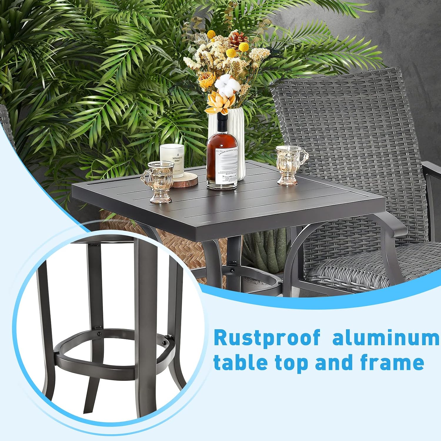 Tangkula 24 Inch Outdoor Bar Table, Patio Bar Height Table with Aluminum Tabletop & Heavy-Duty Metal Legs, Adjustable Footpads, Square Bar Table for Poolside, Backyard, Balcony