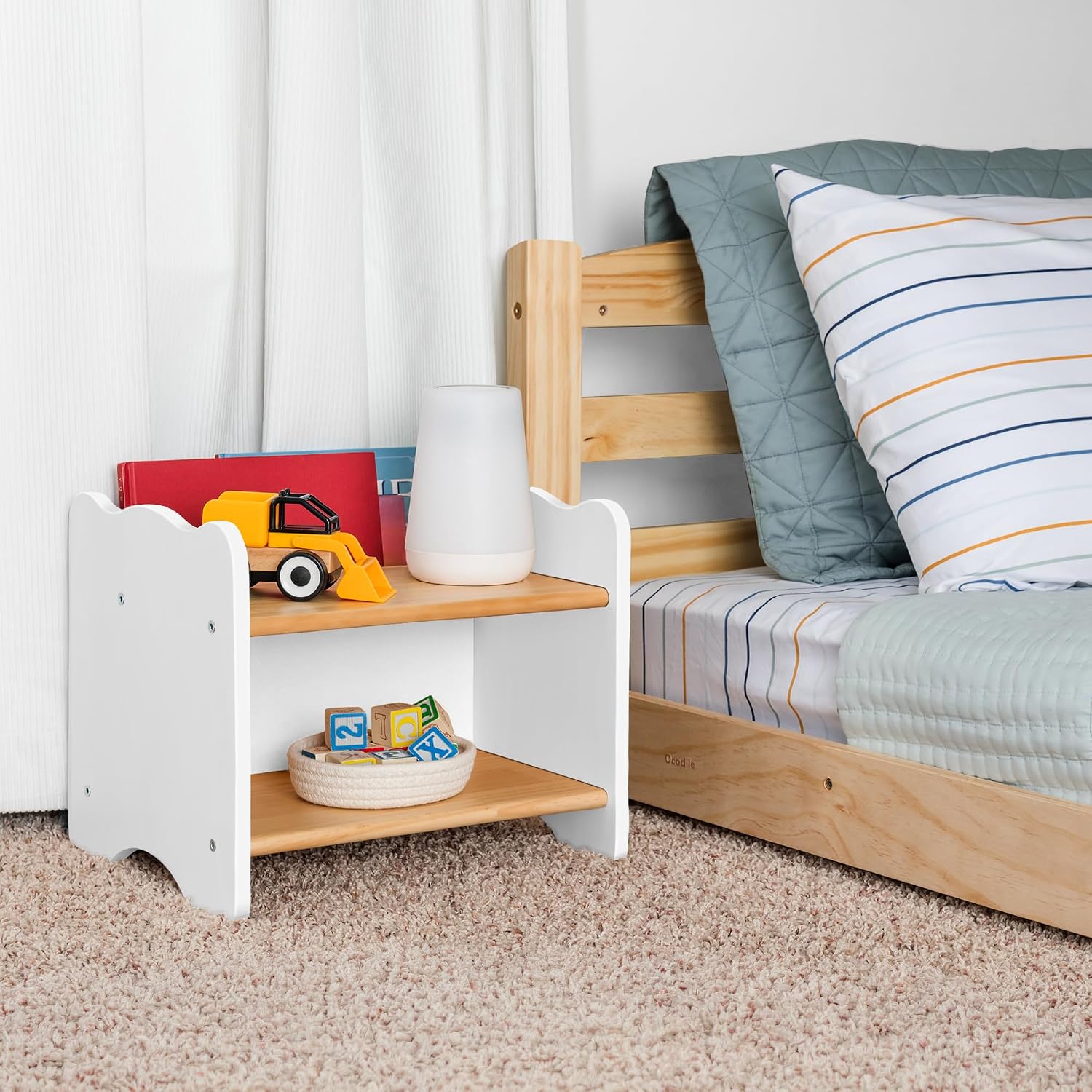 Ocodile The Original Kids Nightstand for Floor Beds, Solid Wood Small Bedside Table with Book Pocket, Low Tiny Nightstand for Nursery, Toddler & Kids Room, Montessori Style Side Table - White