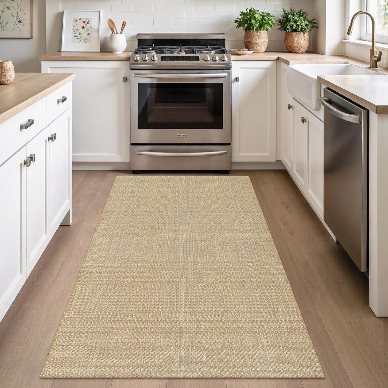 Rugalia Washable Woven Entryway Rug 3x5, Khaki Cotton Indoor Outdoor Doormat Low Plie Non-Slip Kitchen Mat, Modern Natural Floor Carpet for Porch Living Room Bedroom Patio