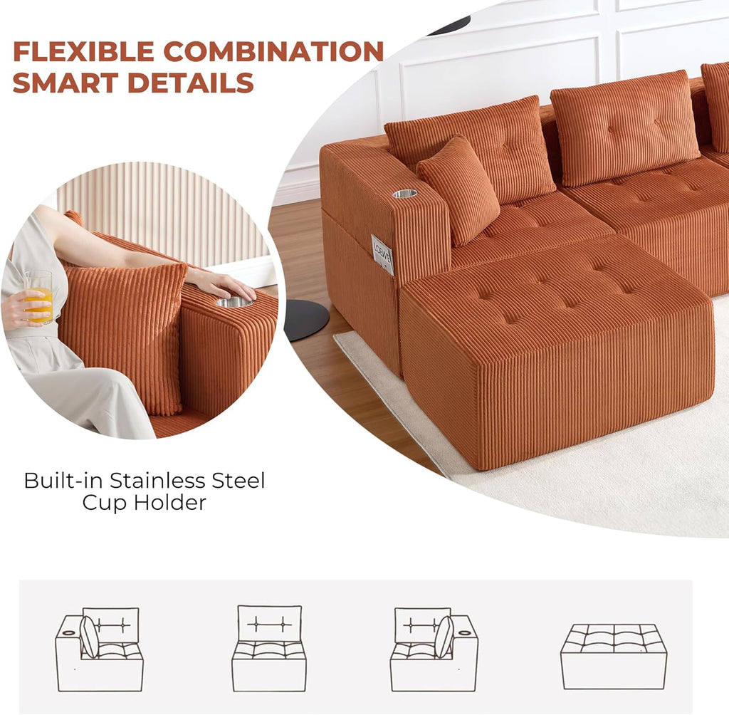 73" Loveseat Modular Sectional Sofa, Oversized 2-Seater Boneless Tufted Cloud Couch with Cup Holder and Movable Ottoman, Corduroy Upholstery Small Couches for Living Room, No Assembly Orange