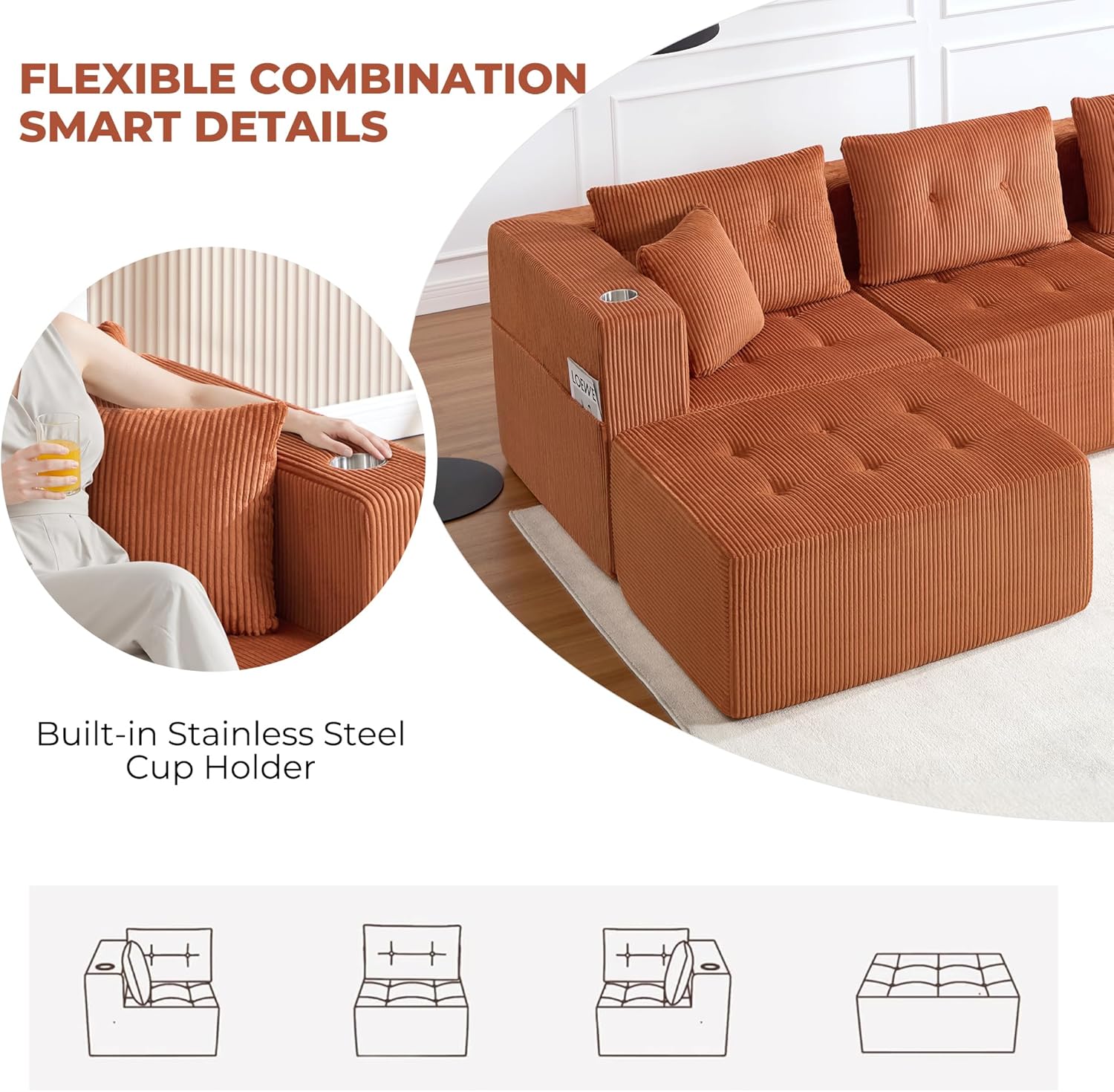 73" Loveseat Modular Sectional Sofa, Oversized 2-Seater Boneless Tufted Cloud Couch with Cup Holder and Movable Ottoman, Corduroy Upholstery Small Couches for Living Room, No Assembly Orange