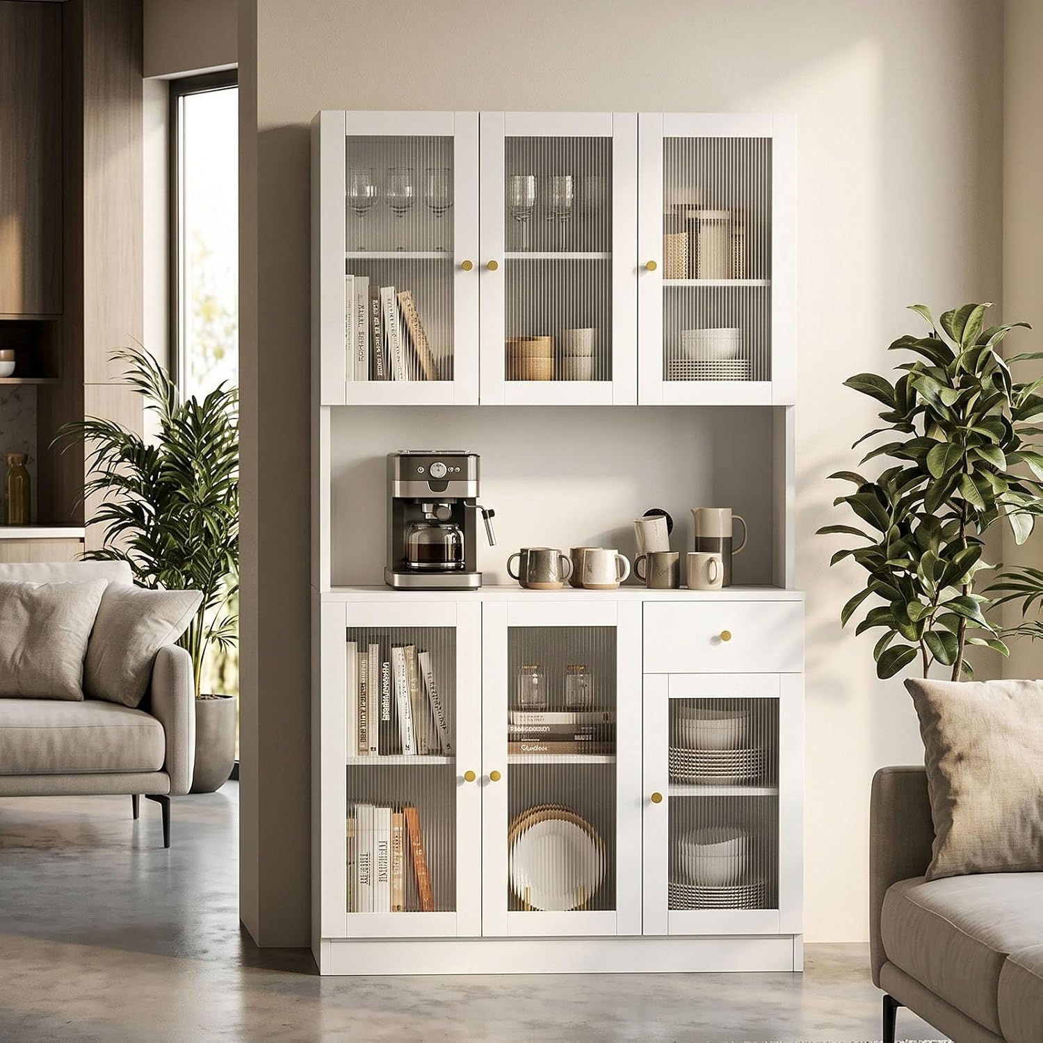 71" Kitchen Pantry Cabinet with Storage, Tall Kitchen Pantry Cabinet with Countertop Soft Close Glass Doors, Tall Kitchen Hutch Cabinet with Drawer & Adjustble Shelves for Kitchen White