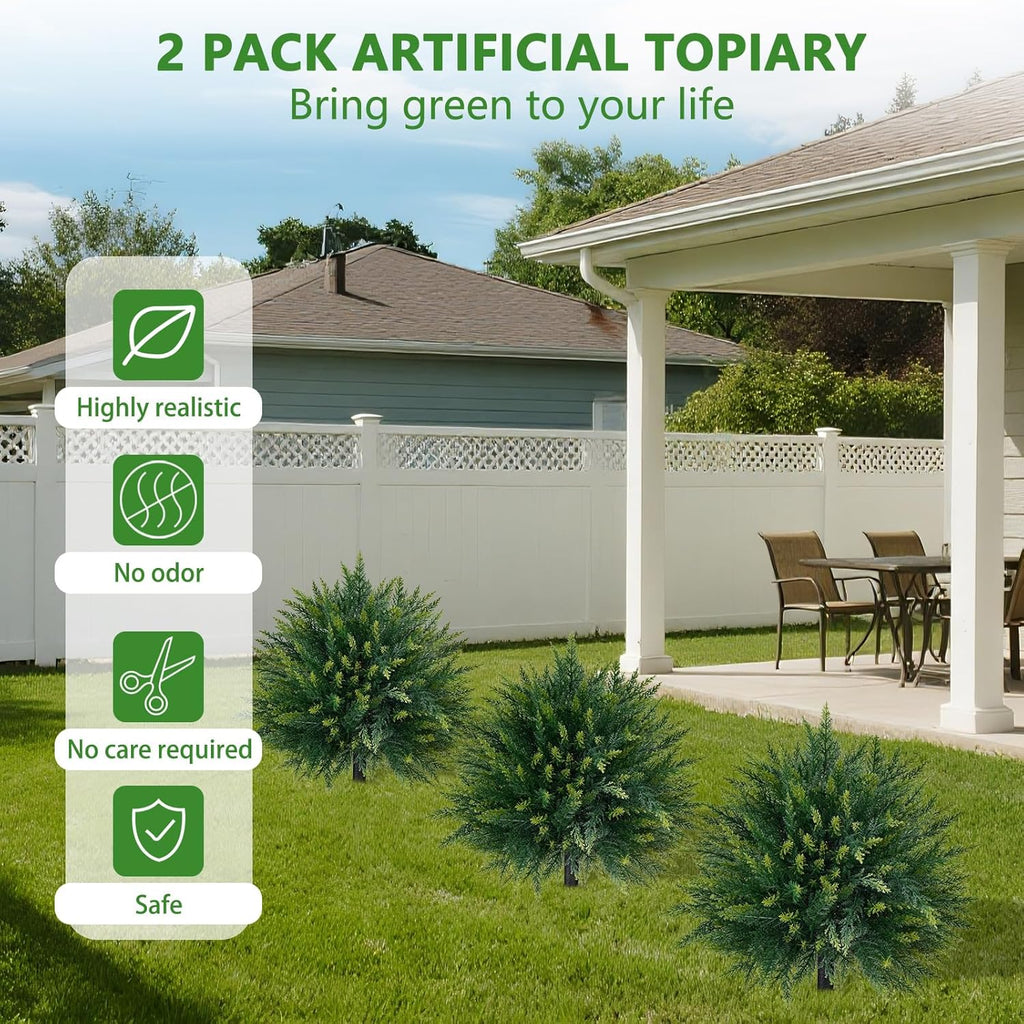 Yangrass 2PCS Artificial Cedar Topiary Ball Trees 23" for Outdoors with Ground Spike, UV Resistant Artificial Cypress Trees, Evergreen Shrubs Bushes Faux Plants for Front Porch Garden Backyard
