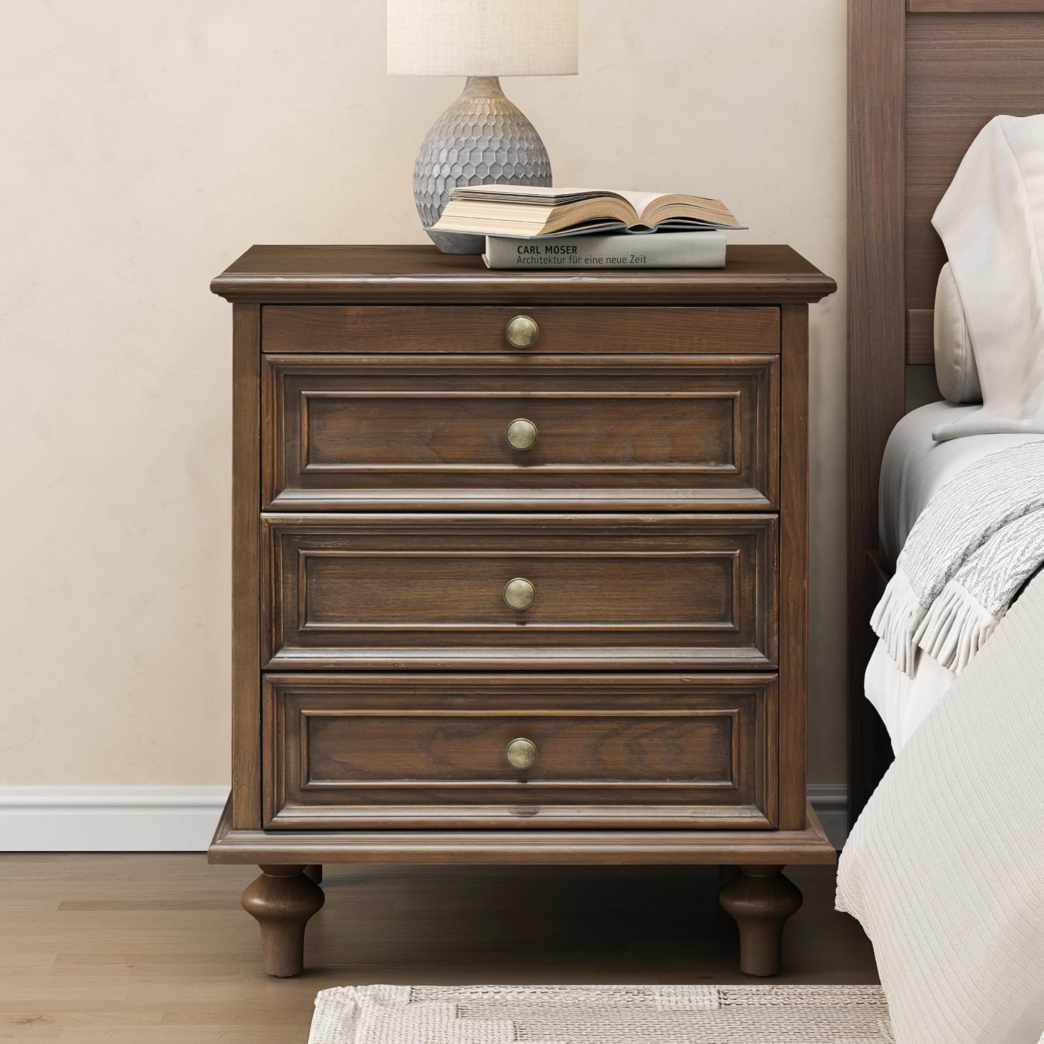 Nightstand with 4 Drawers, Wood Bedside Table Night Stand, Wide Sofa Side End Table 4 Drawers Chest of Dresser for Living Room, Bedroom