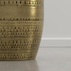 SIMPLIHOME Johnsen Tribal Accent Table – 15 inch Wide Round Metal Drum Table in Burnished Gold, Boho Modern Side Table for Living Room with Embossed Tribal Pattern, Assembled