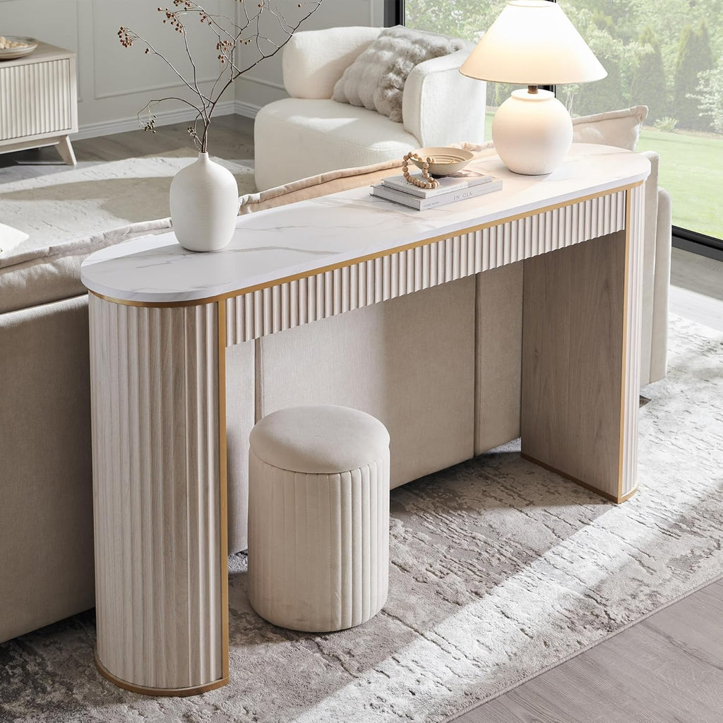 OKD Modern Fluted Console Table, 63" Long Narrow Entryway & Sofa Tables for Hallway, Tall Accent Table Behind Couch for Foyer Living Room, White Alder