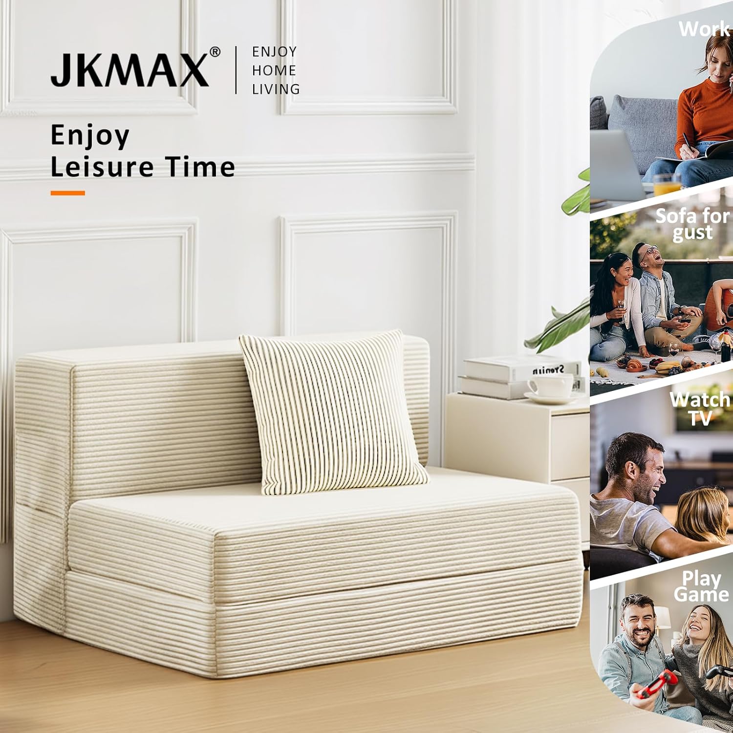 JKMAX Single Size Folding Sofa Bed - 4 in 1 Convertible Sleeper Chair - High Density Memory Foam Futon Couch - Foldable Bed for Living Room Bedroom (Beige)