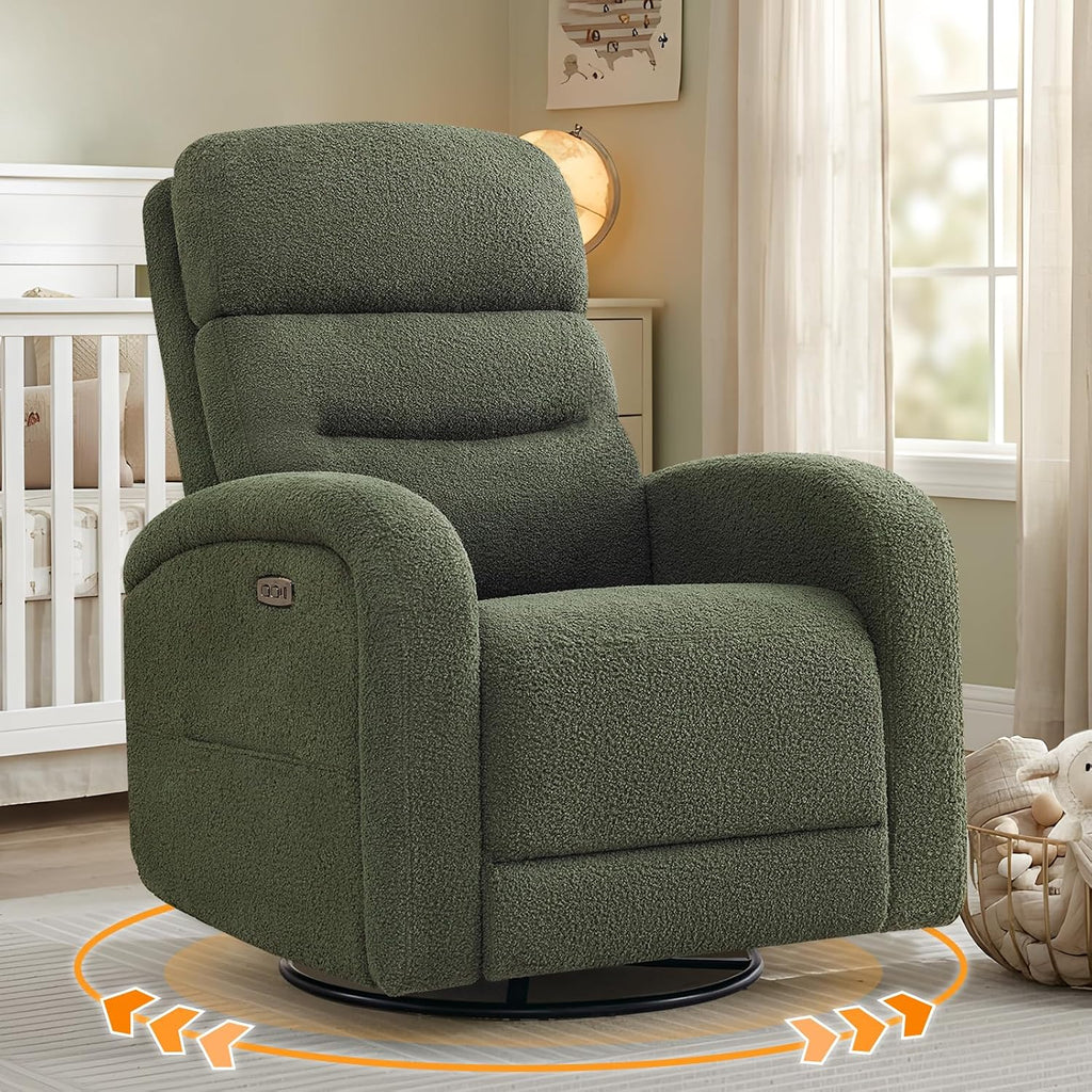 Power Swivel Rocker Recliner Chair for Nursery,Electric Rocking Reclining Chair, Upholstered Glider Nursery Recliner for Living Room, Bedroom, Teddy Green