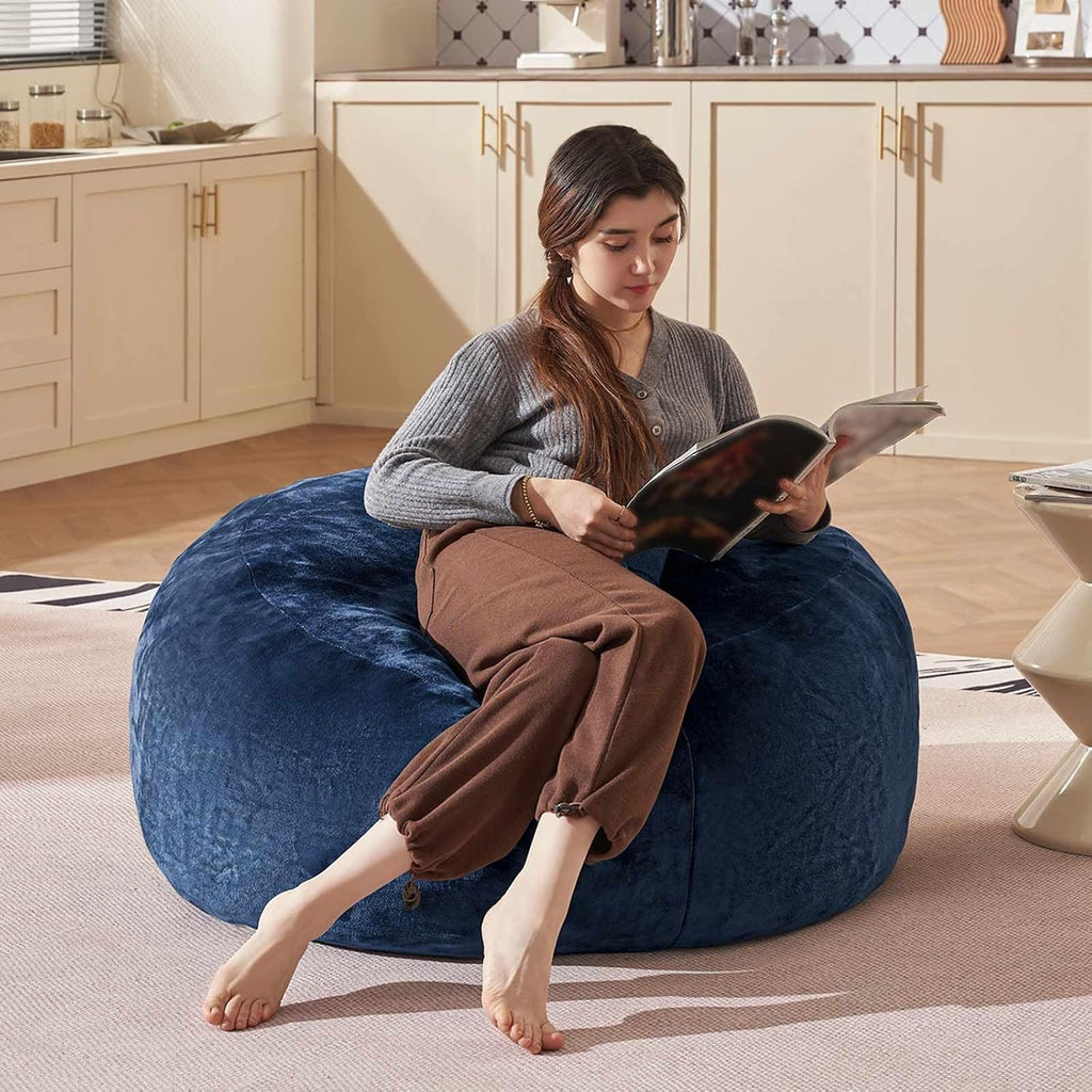 Bean Bag Chair 3Ft, Memory Foam Filled, Large Beanbag Chairs for Adults and Teens, Soft Sofa with Removable Flannel Cover, Round Couch for Living Room Bedroom College Dorm (Blue, 3FT-36×36"×24")