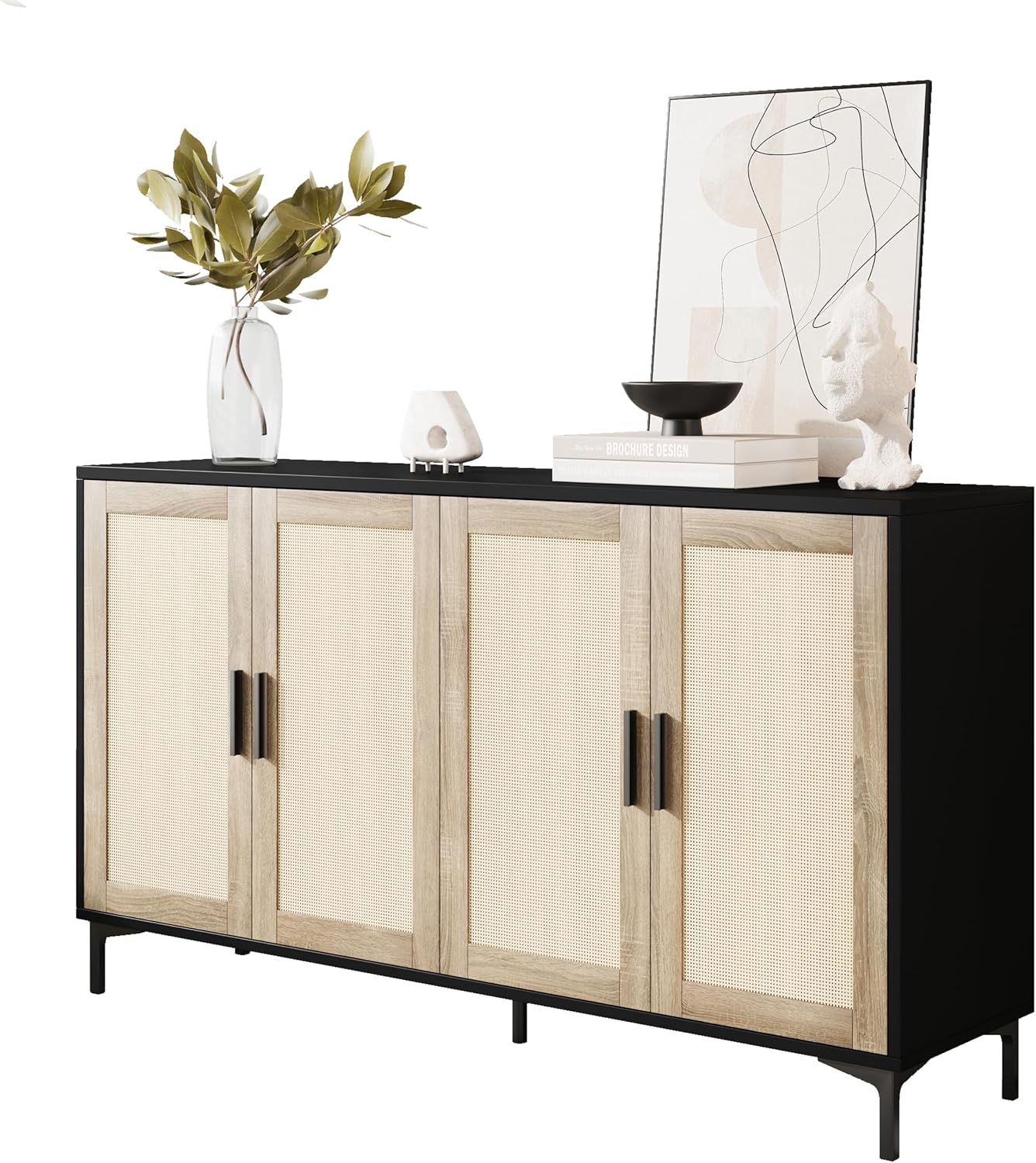 JASIWAY Buffet Cabinet with Storage, 48" Rattan Sideboard with Adjustable Shelves, Modern Coffee Bar Cabinet Console Table with Doors, Credenza for Kitchen, Living Room, Entryway, Dining Room, Black