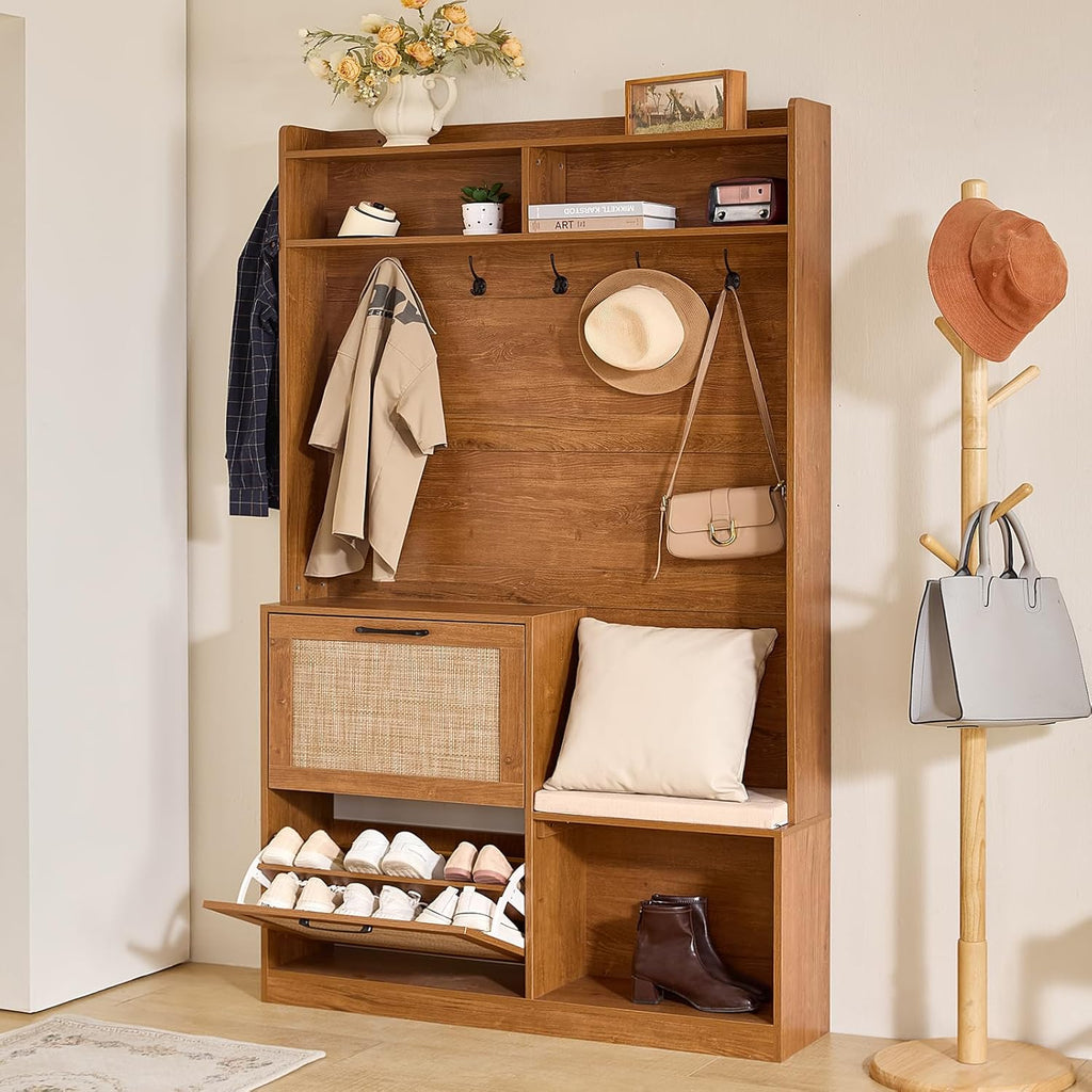 LEYAOYAO 78" Tall Boho Hall Tree with Bench & Shoe Storage, 4-in-1 Mudroom Coat Rack with 2 Flip Rattan Drawers & Cushioned Stool, Entryway Hall Tree Cabinet with 6 Hooks for Garage, Tea Brown