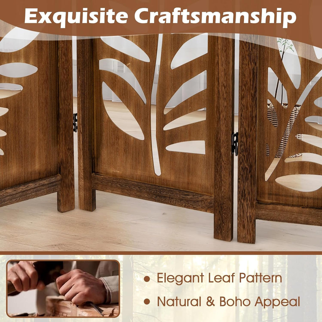 Giantex Boho Rustic Room Divider, 4 Panel Carved Leaf Folding Wood Screen, Fully Assembled, 67'' Freestanding Privacy Partition Decorative Wall, Foldable Room Separator for Bedroom, Rustic Brown