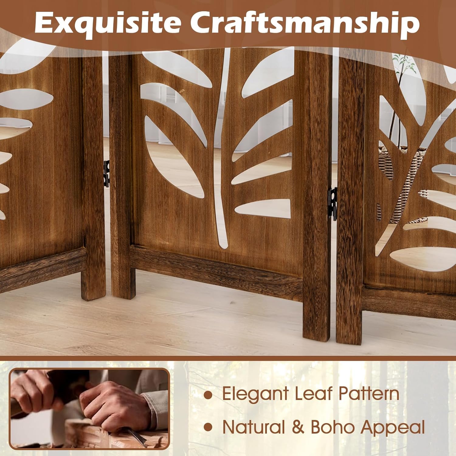 Giantex Boho Rustic Room Divider, 4 Panel Carved Leaf Folding Wood Screen, Fully Assembled, 67'' Freestanding Privacy Partition Decorative Wall, Foldable Room Separator for Bedroom, Rustic Brown