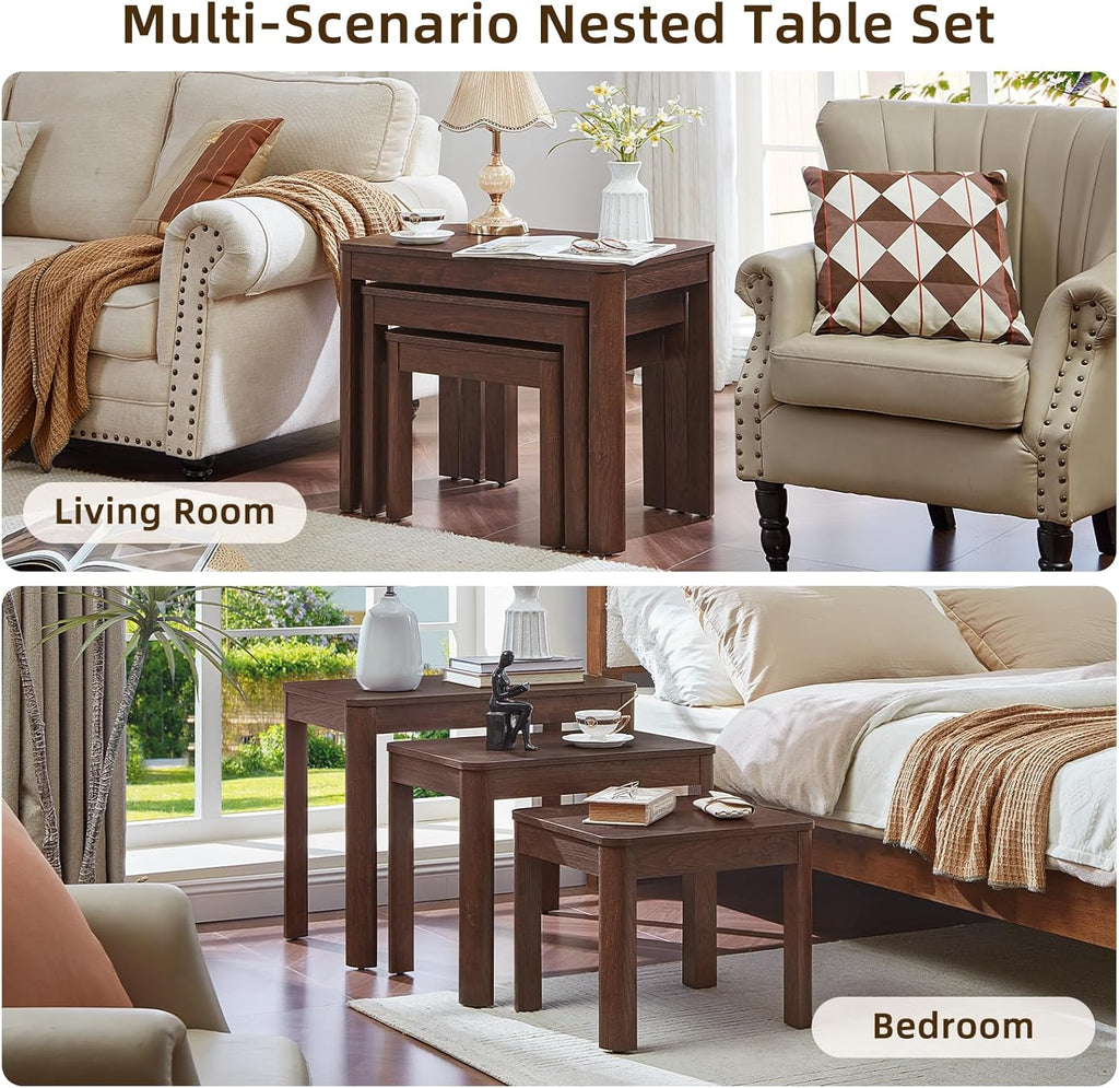Joaxswe Farmhouse Nesting Tables Set of 3, Living Room Table Set with Rounded Corners & 4 Thickened Table Legs, Walnut