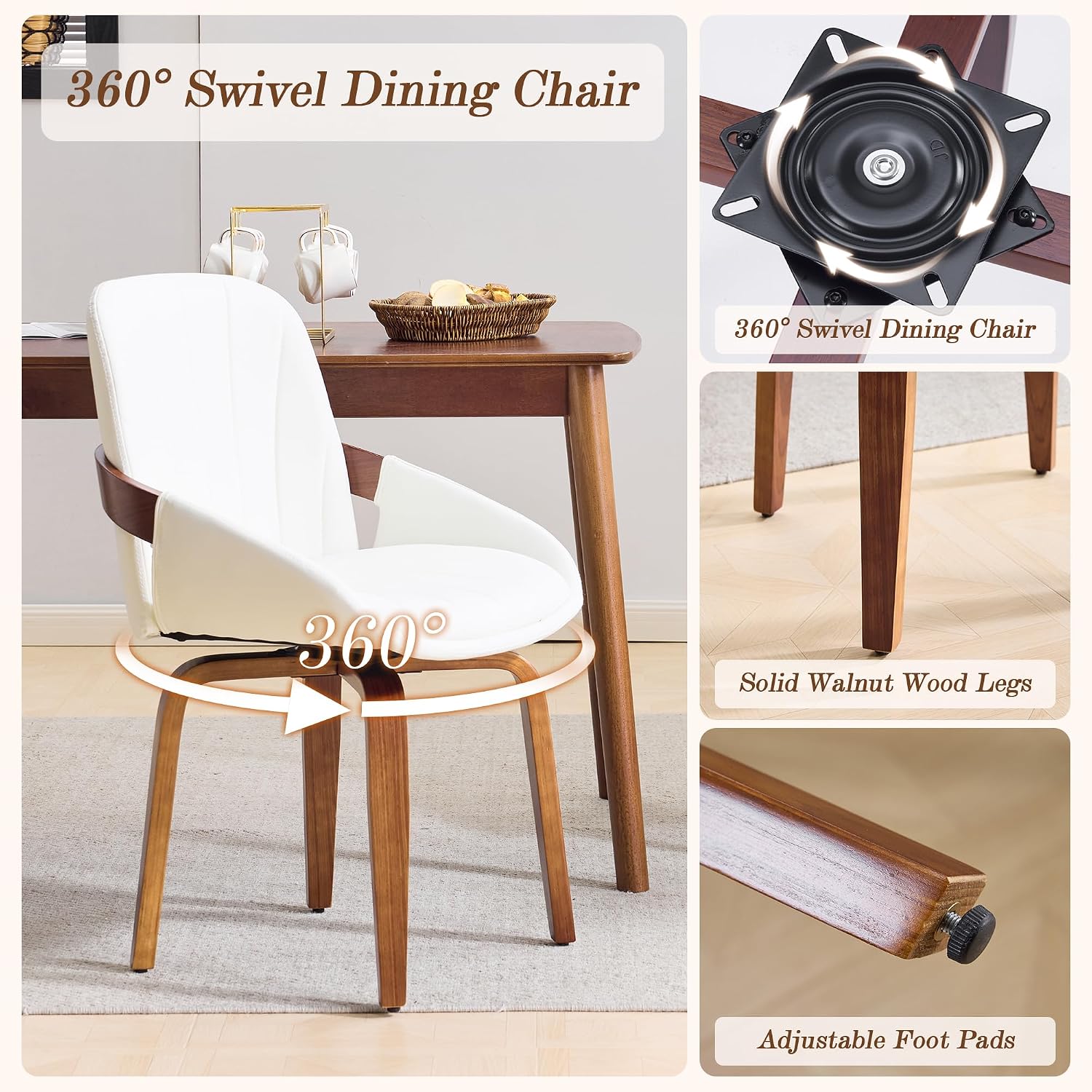 Swivel Dining Chairs Set of 4, Mid Century Modern Swivel Dining Chairs with Arms，Upholstered Kitchen & Dining Room Side Chairs with Solid Wood Legs for Living Room