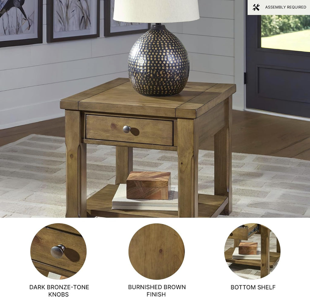 Signature Design by Ashley Vandenmore Casual 1-Drawer End Table with Bottom Shelf, Light Brown